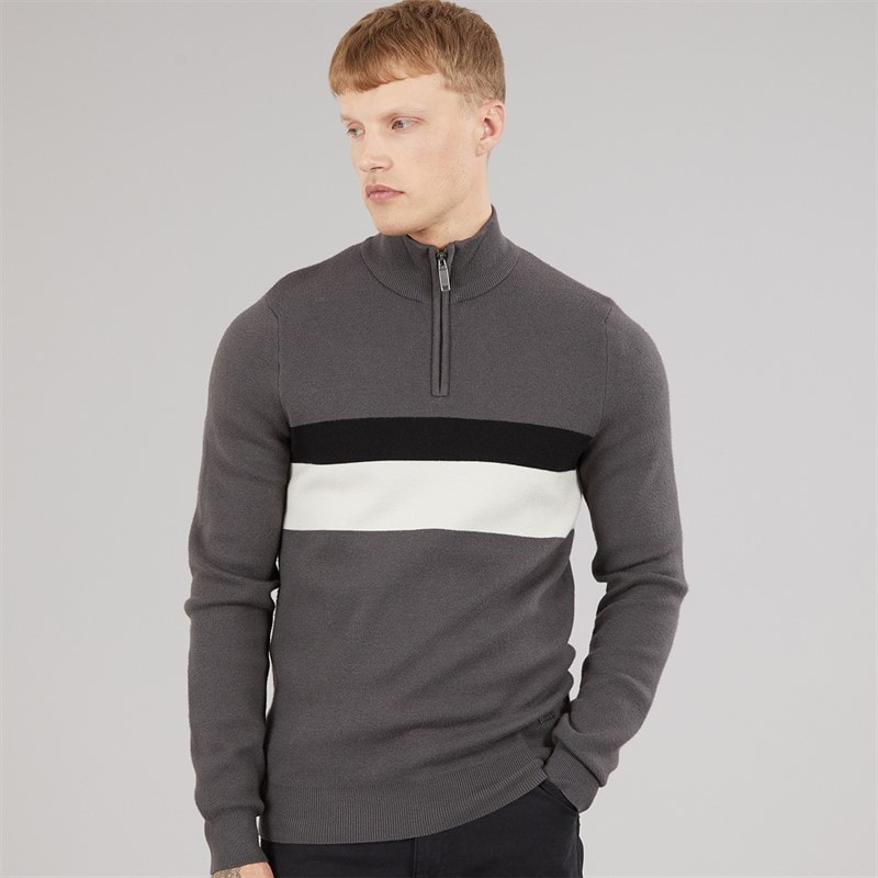 Bench Mens Zabian 1/4 Zip Funnel Neck Knit Jumper Dark Grey