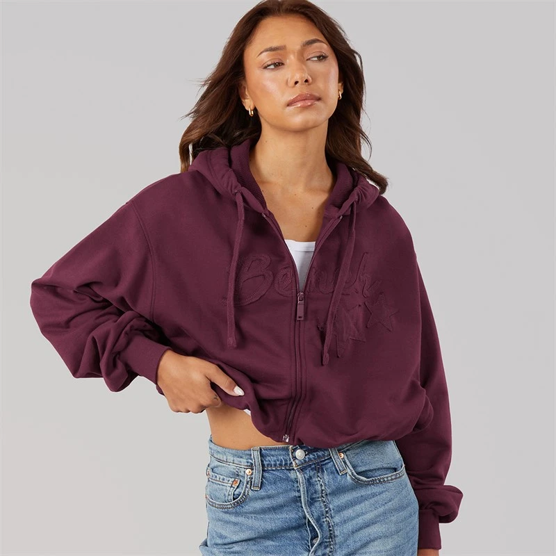 Bench Womens Poppi Puff Sleeve Zip Thru Hoodie Cherry Lacquer