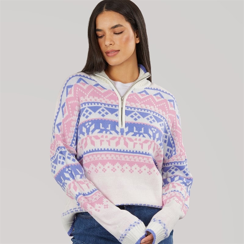 Board Angels Womens Half Zip Fair Isle Sweater Pastel Purple Pink