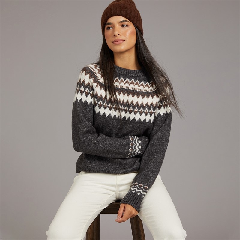 Board Angels Womens Fairisle Crew Neck Sweater Mid Grey/Chocolate/Ivory