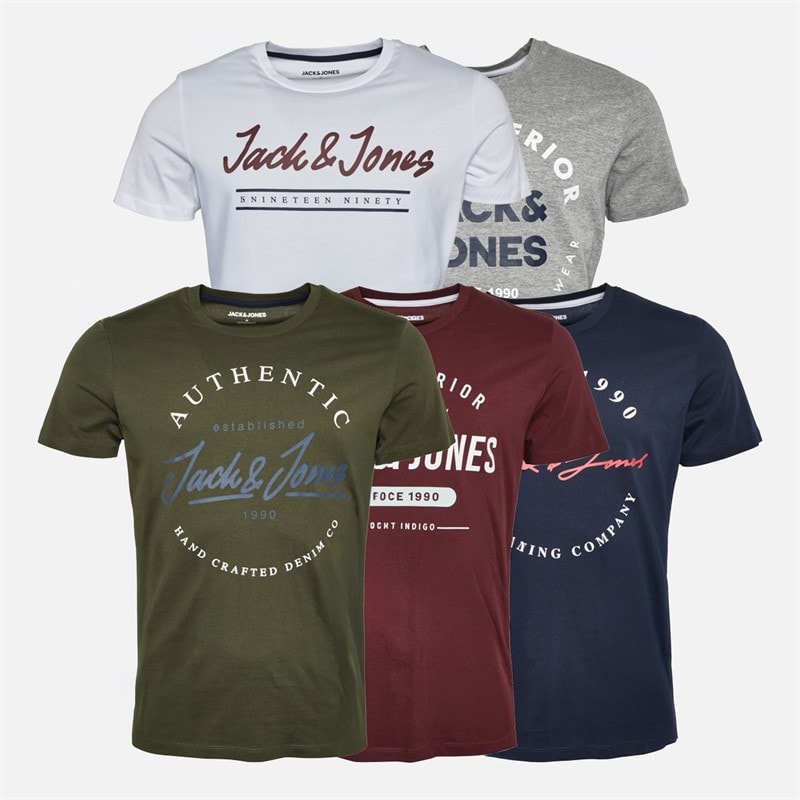 JACK & JONES Mens Urban Crew Neck Five Pack T-Shirts Olive Night/White/Light Grey Melange/Navy Blazer