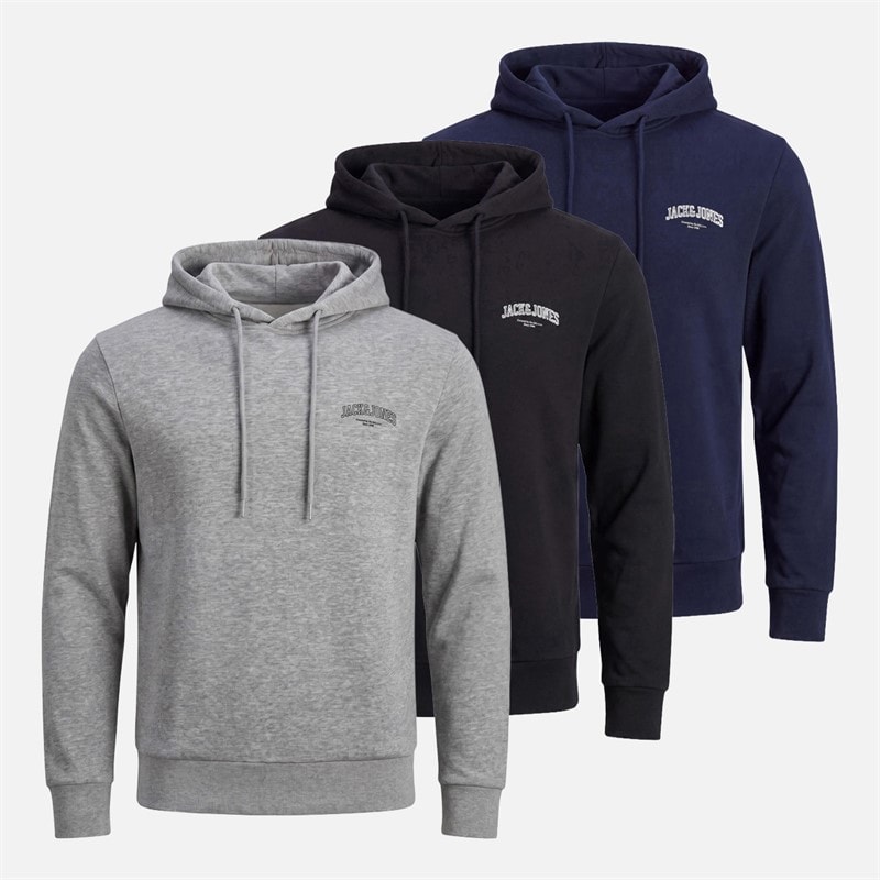 JACK & JONES Mens Jeffrey Three Pack Hoodies Navy Blazer/Light Grey Marl Navy Blazer/Light Grey Marl/Black
