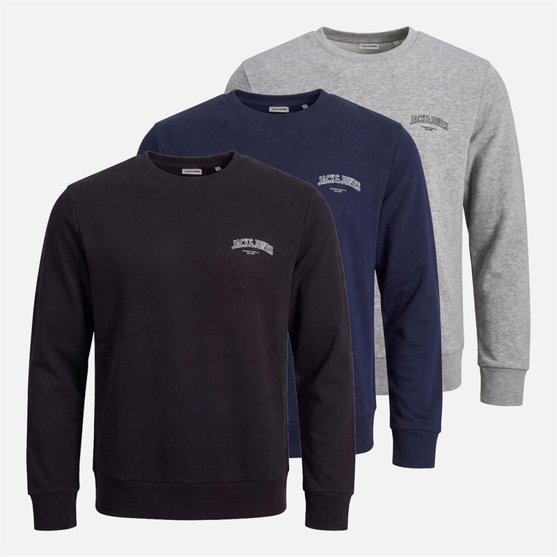 JACK & JONES Mens Jeffrey Three Pack Sweatshirts Navy Blazer/Light Grey Marl Navy Blazer/Light Grey Marl/Black