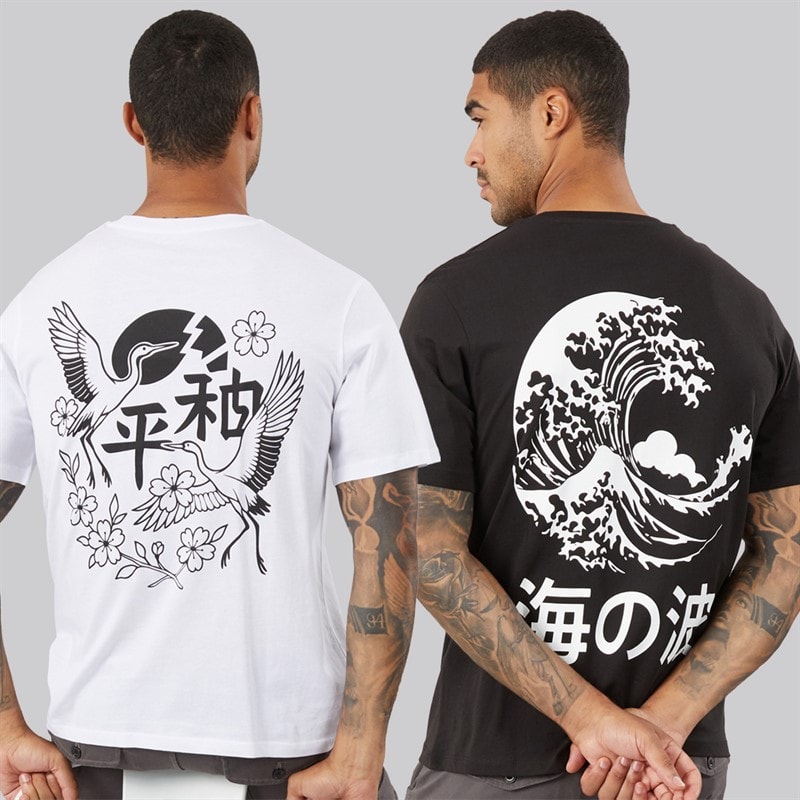 JACK & JONES Mens Yuto Print Two Pack T-Shirts /Black White/Black
