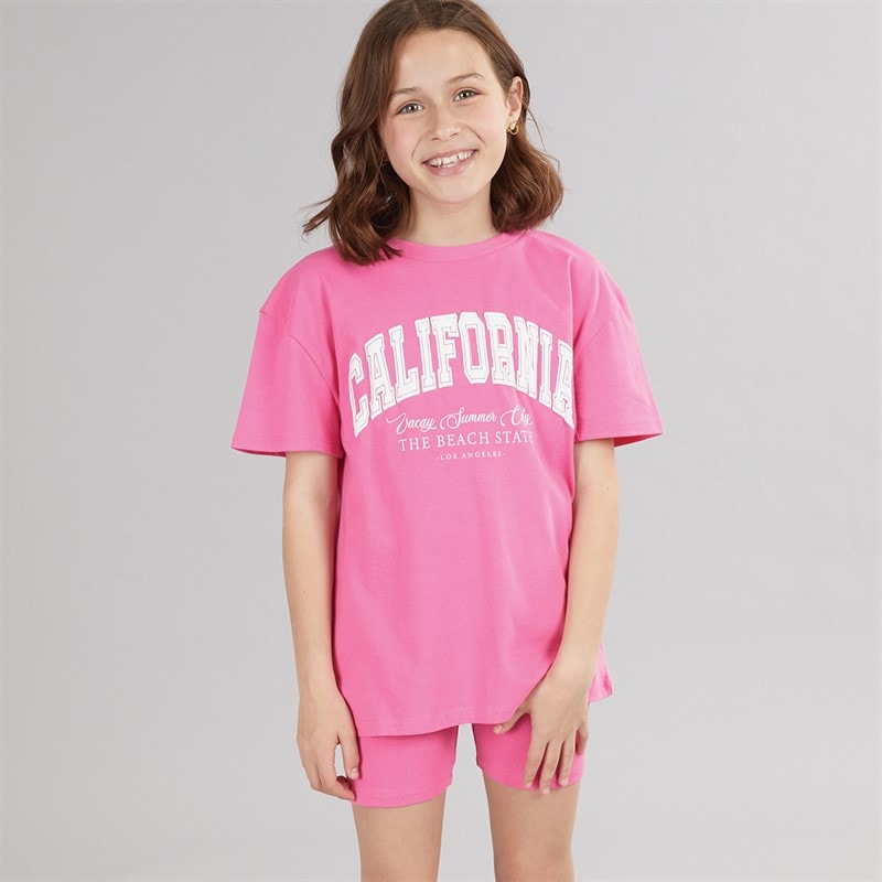 MINOTI Girls T-Shirt And Shorts Co-Ord Set Neon Coral