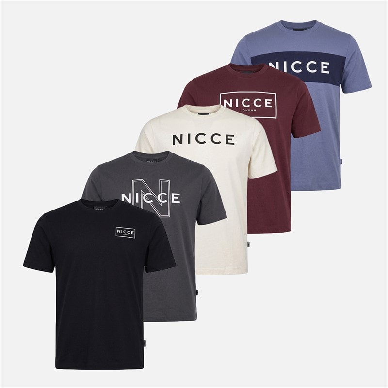 NICCE Mens Etnam Five Pack T-Shirts Dark Steel Blue/Black/Coal/Ivory/Fig
