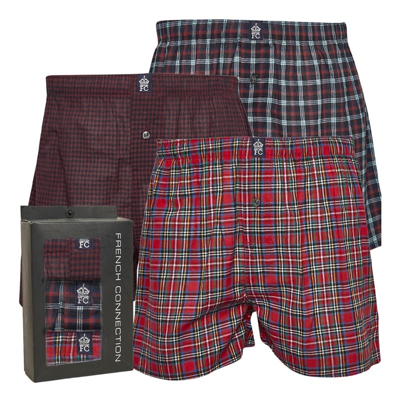 French Connection Mens Three Pack FC Woven Boxers Multi 2 - Chateaux Gingham/Chateaux Check/Red Green Blue Check