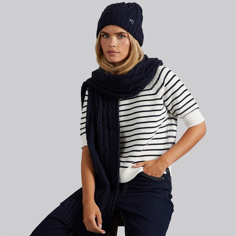 French Connection Womens Cable Scarf And Beanie Set Midnight/Paradise Blue