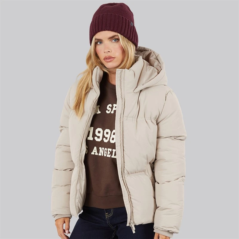 French Connection Womens Row Short Puffer Coat Light Taupe
