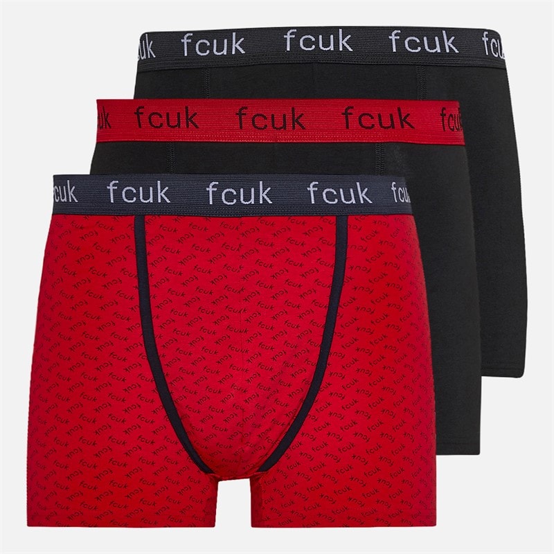 French Connection Mens FCUK Three Pack Boxers FCUK12 Black/Red Print/Black