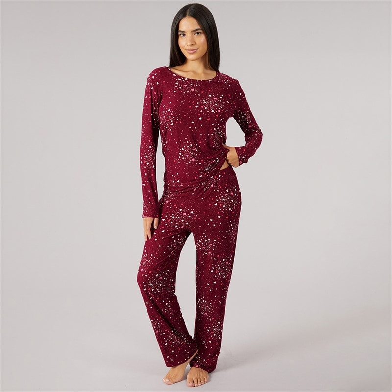 Onfire Womens Soft Touch Scatter Heart Pyjama Burgundy