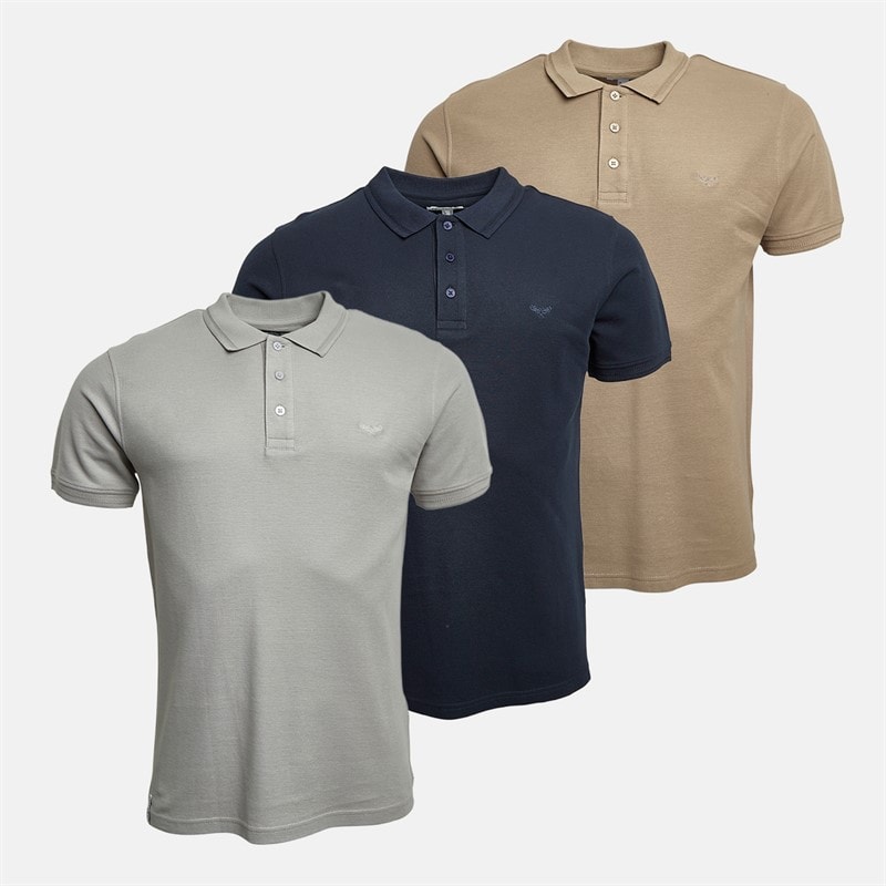 THREADBARE Mens Three Pack Shiraz Polo Shirts Navy/Ultimate Grey/Desert Taupe