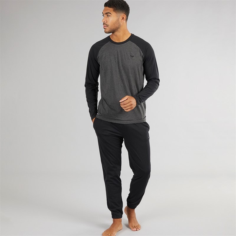 THREADBARE Mens Baddaway Pyjama Set Charcoal Marl/Black