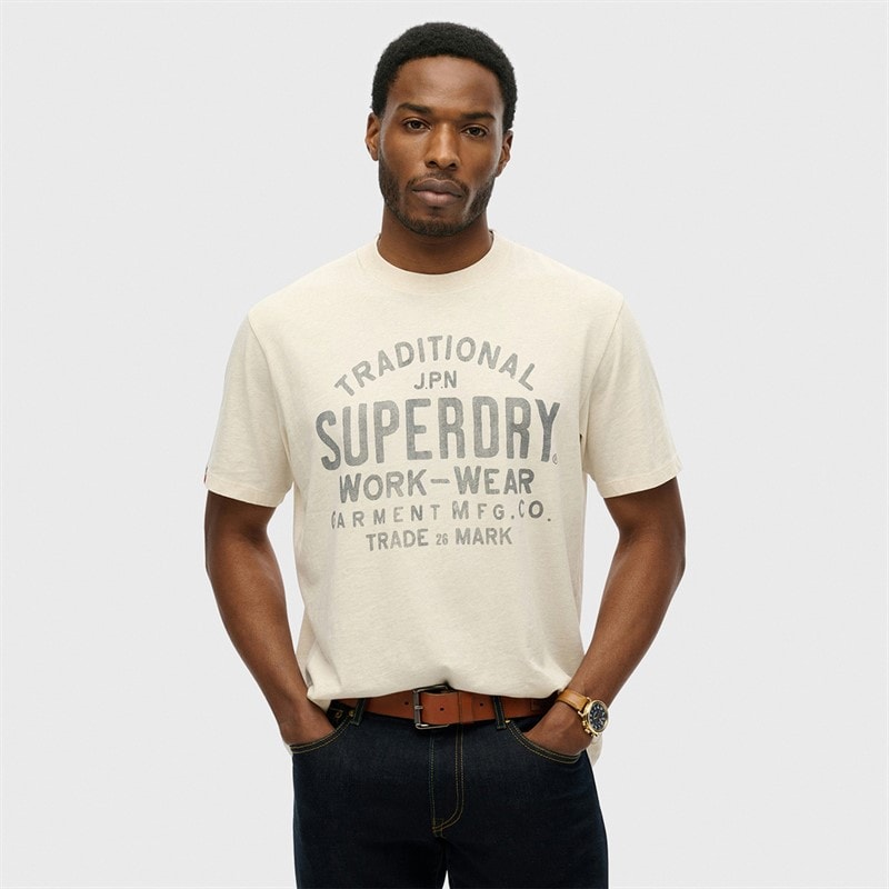 Superdry Mens Machined Goods Workwear T-Shirt Oat Cream Marl