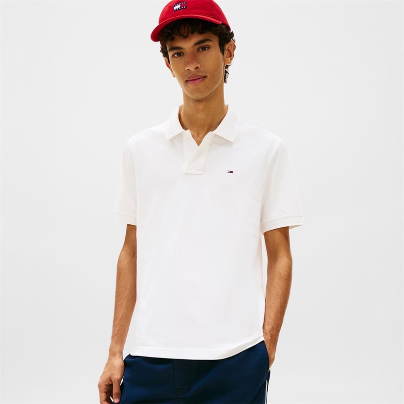 Tommy Jeans Mens Flag Regular Fit Pique Polo Shirt White