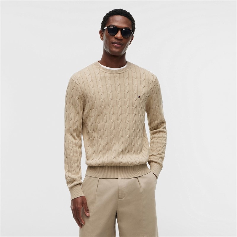 Tommy Jeans Mens Flag Embroidery Cable Knit Sweater Sandalwood