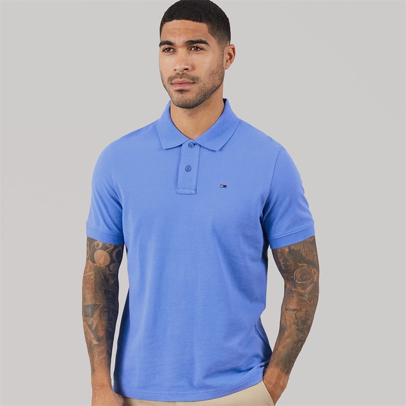Tommy Jeans Mens Flag Regular Fit Pique Polo Shirt Blue Twilight