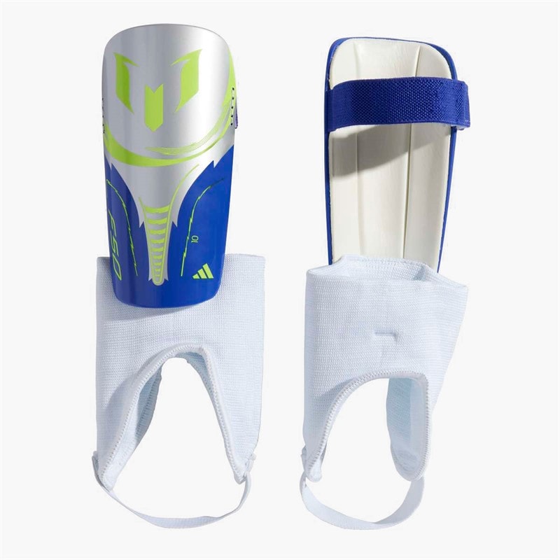 adidas Junior Messi Match Slip In Shin Guards Silver Metallic/Lucid Blue/Solar Yellow