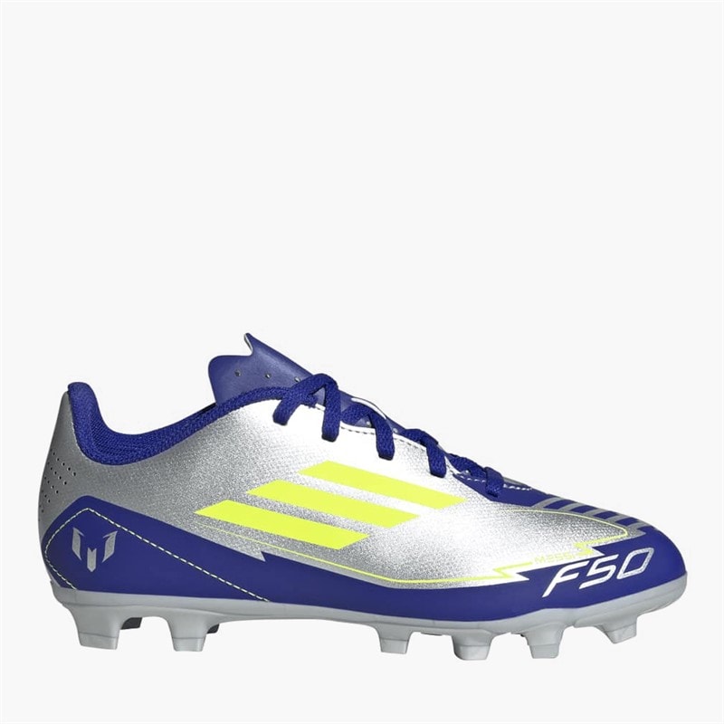adidas Junior F50 Club Messi La Vida Rapida Pack FG/MG Firm/Multi Ground Football Boots Silver Metallic/Solar Yellow/Lucid Blue