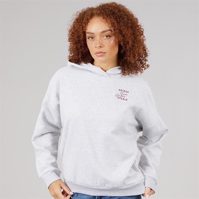 adidas Womens 3 Stripes Studio Hoodie Light Grey Heather