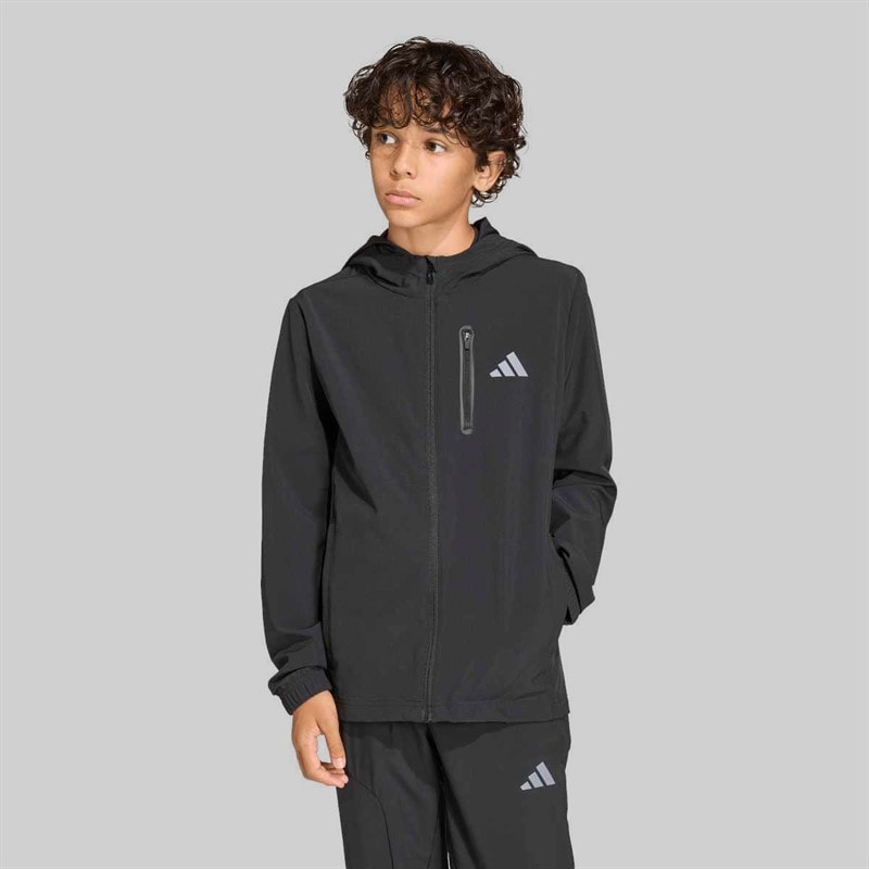 adidas Junior Boys Tech Woven Hooded Jacket Black/Grey Four