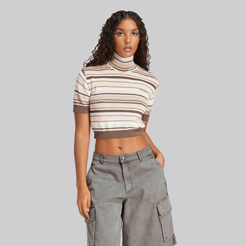 adidas Originals Womens Striped Knitted Cropped Turtleneck Top Earth Strata/Warm Sandstone/Sand Strata/Off White