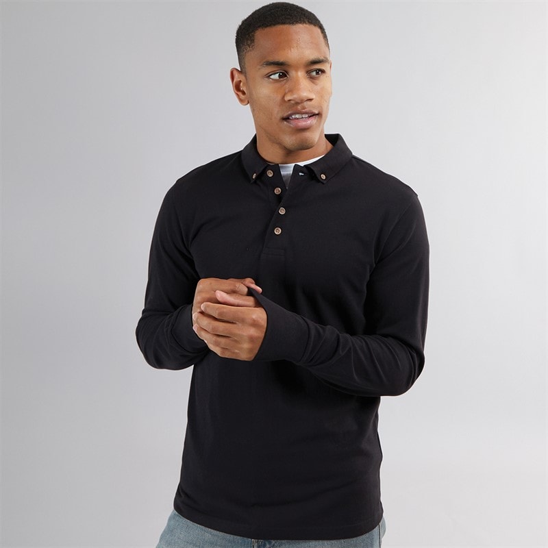 Brave Soul Mens Centre Long Sleeve Polo Shirt Black