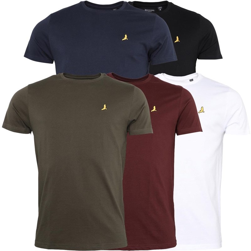 Brave Soul Mens Russel Five Pack T-Shirts Black/White/Navy/Khaki/Burgundy