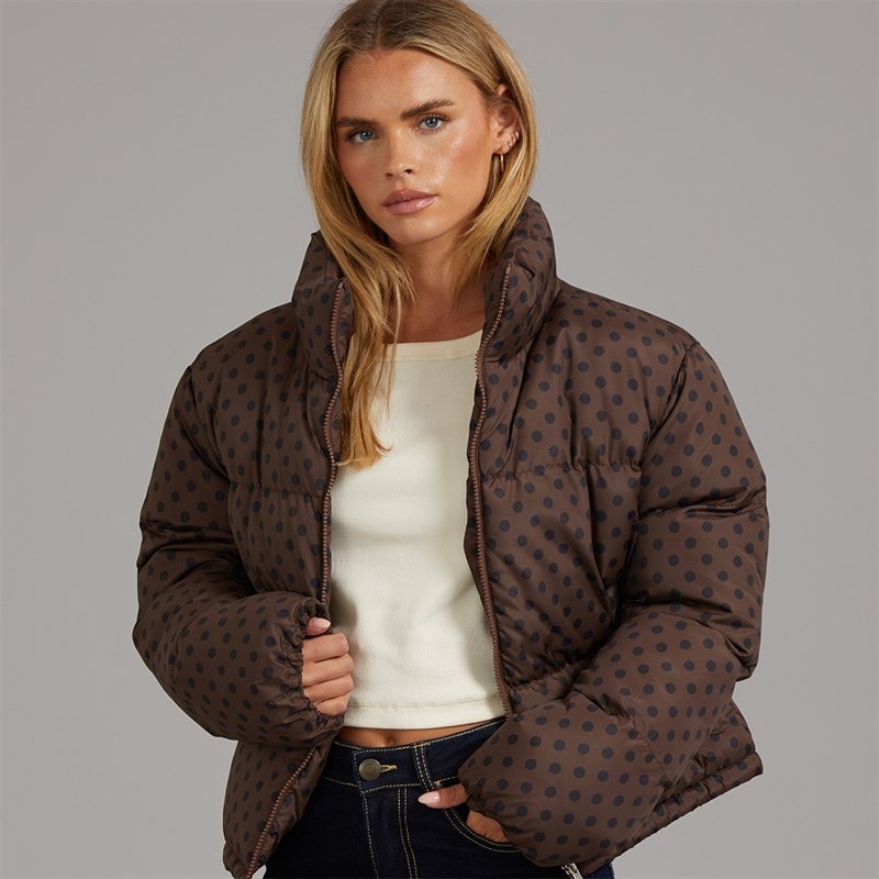 Brave Soul Womens Riva Spot Puffer Jacket Chocolate/Black