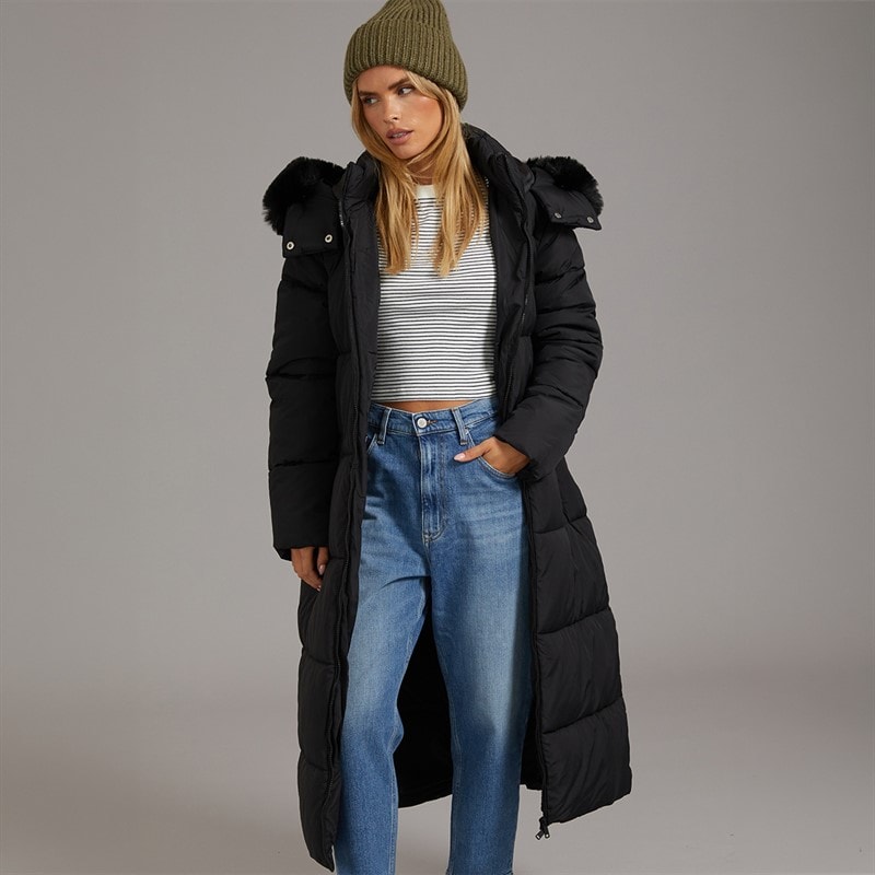 Brave Soul Womens Jewels Long Puffer Jacket Black