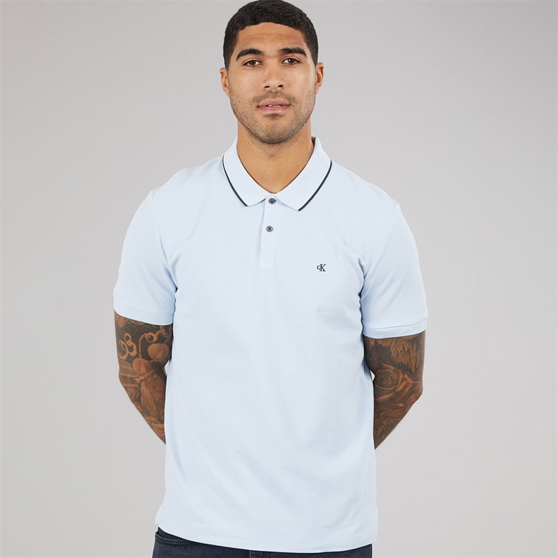 Calvin Klein Mens Short Sleeve Refined Pique Tip Polo Shirt Breezy Blue