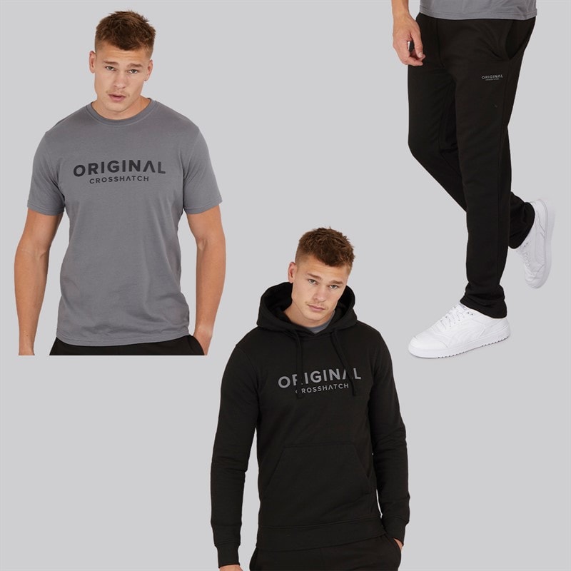 Crosshatch Mens Chemberry Hoodie T-Shirt And Open Hem Joggers Set Black/Charcoal
