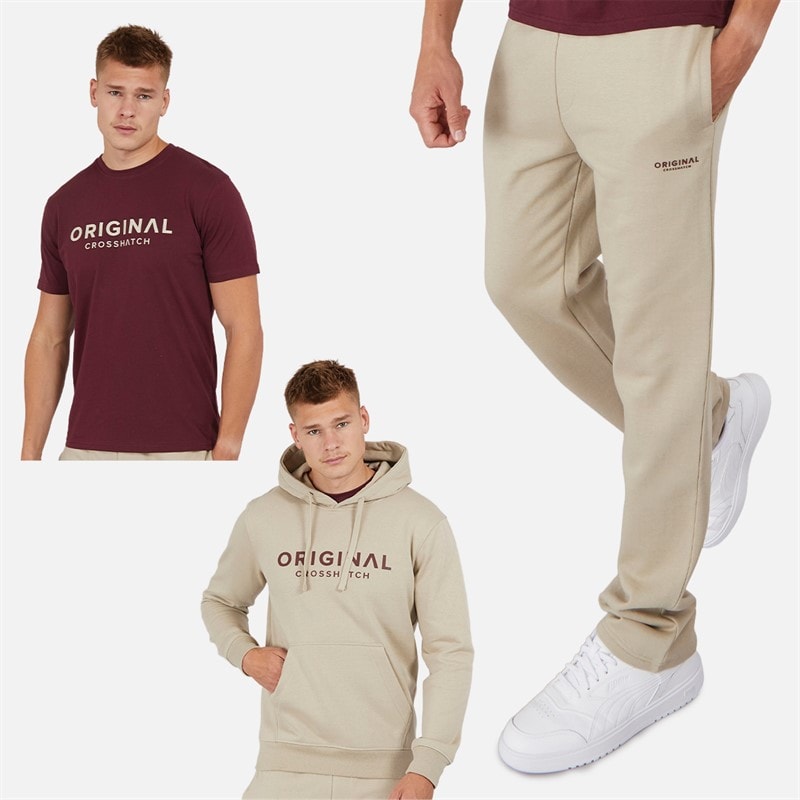 Crosshatch Mens Chemberry Hoodie T-Shirt And Open Hem Joggers Set Stone/Burgundy