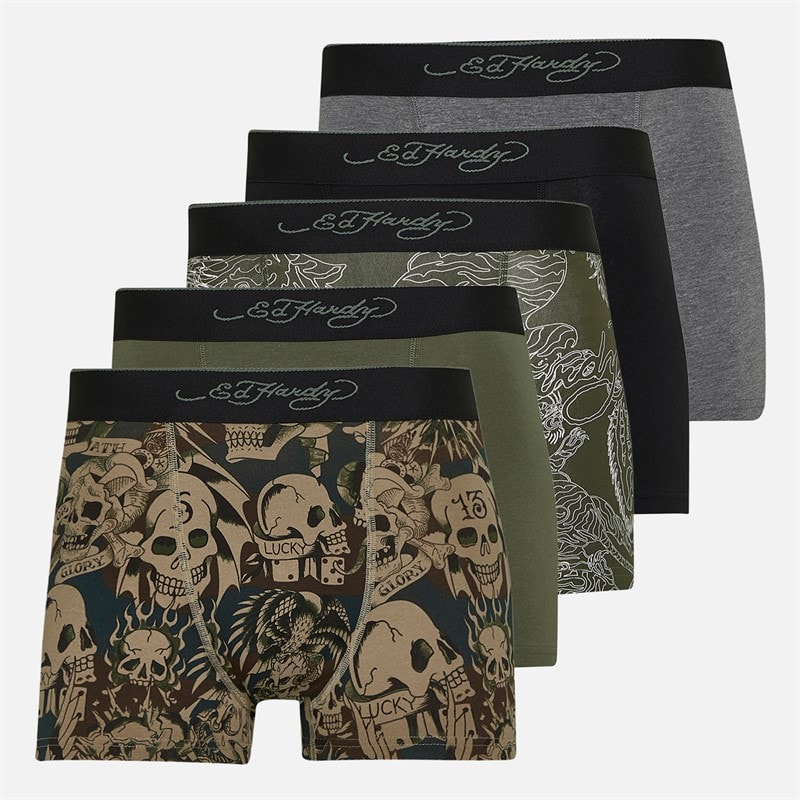 Ed Hardy Mens Harkness Five Pack Boxers Khaki/Khaki Aop/Charcoal Marl/Camo Aop/Black