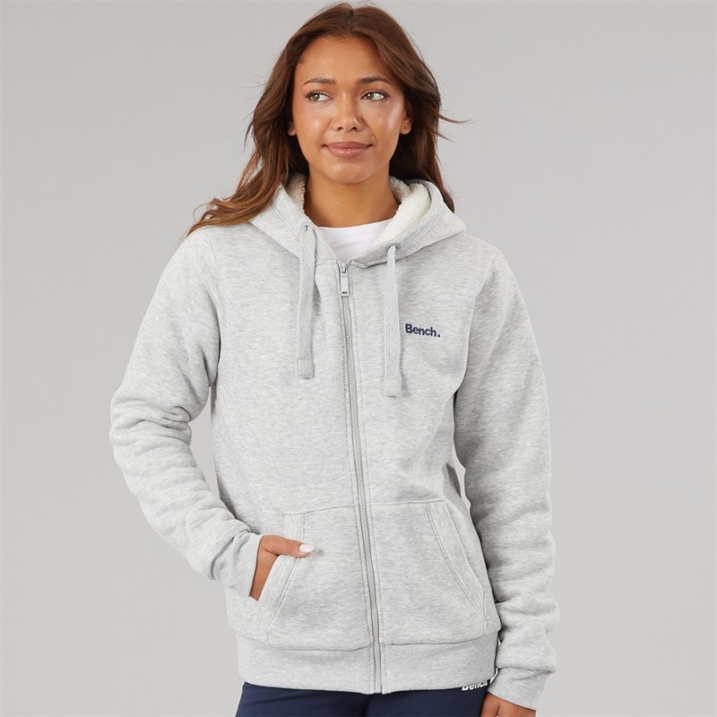 Bench Womens Mintz Teddy Lined Zip Thru Hoodie Grey Marl