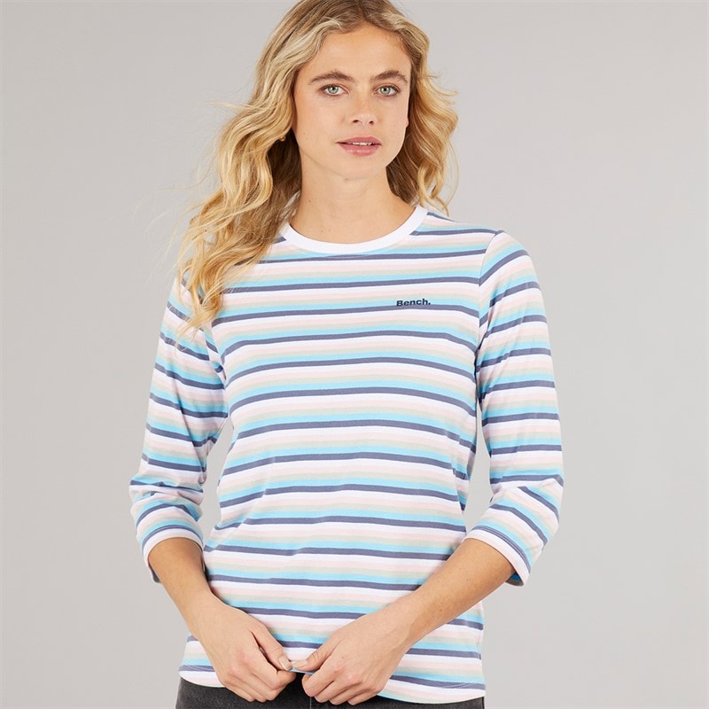 Bench Womens Auborn Long Sleeve T-Shirt White/Light Dusky Pink/Green/Blue/Navy Stripe