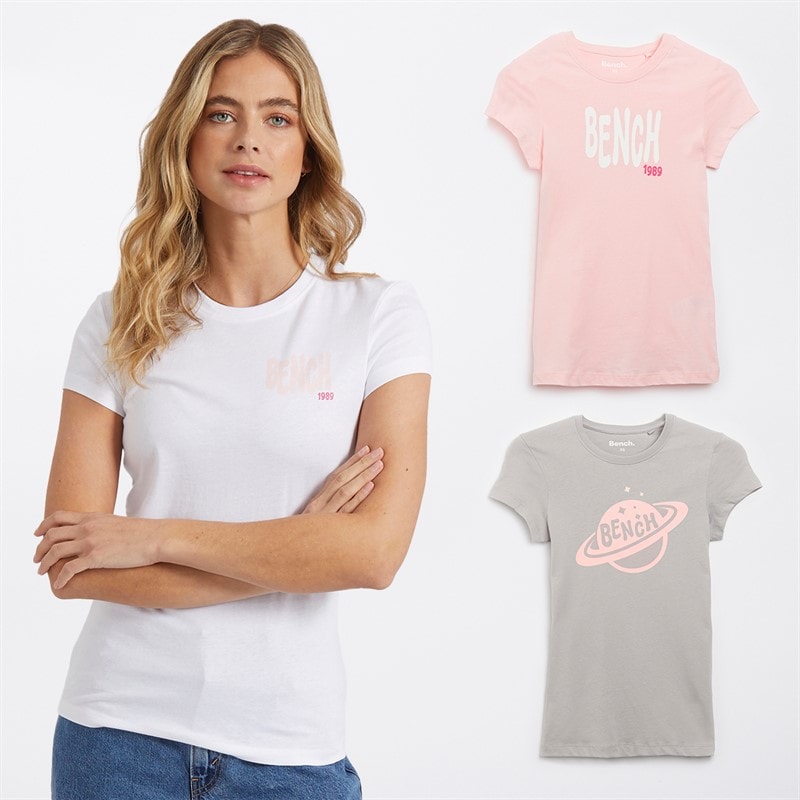 Bench Womens Lolah Three Pack Graphic T-Shirts Pink/Silver Grey/White