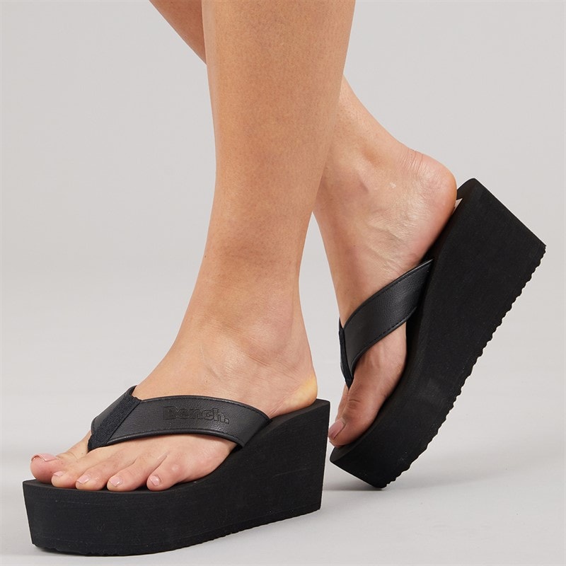 Bench Womens Vacay Chunky Wedge Flip Flops Black Pu