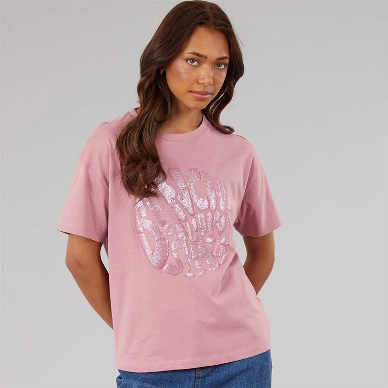 Bench Womens Jana Boxy T-Shirt With Glitter Graphic Nostalgic Pink