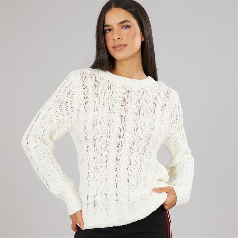 Board Angels Womens Cable Knit Sweater Ecru