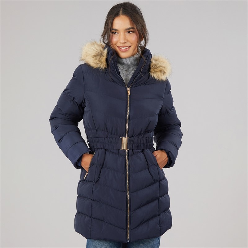 Board Angels Womens Belted Jacket With Faux Fur Trim Hood Navy