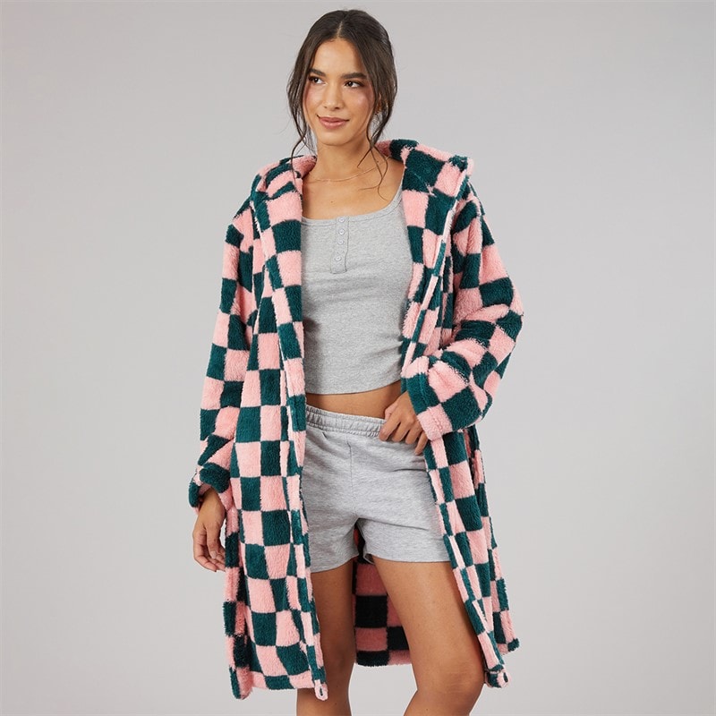 Board Angels Womens Wellsoft Checked Hooded Dressing Gown Pink/Green Check