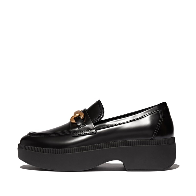 FitFlop Womens Luma Chunky Snaffle Leather Demi Wedge Loafers Black