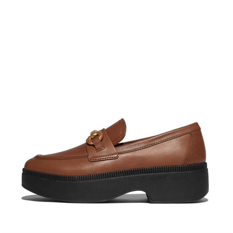 FitFlop Womens Luma Chunky Snaffle Leather Demi Wedge Loafers Deep Tan