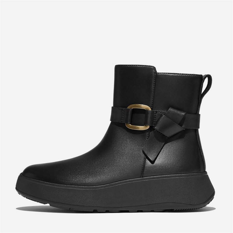 FitFlop Womens F-Mode Buckled Leather Flatform Ankle Boots Black