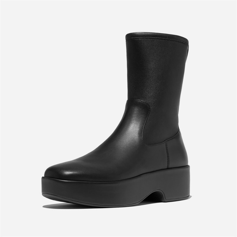 FitFlop Womens F-Luma Stretch Leather Demi Wedge Mid Calf Boots Black