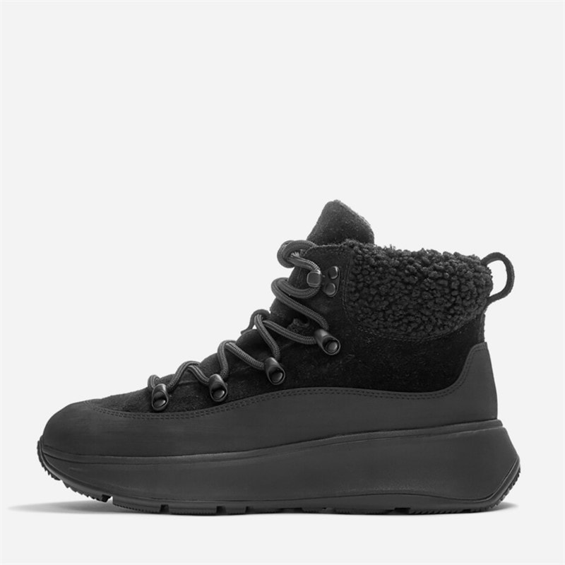 FitFlop Womens F-Mode Teddy Collar Lace Up Booties All Black