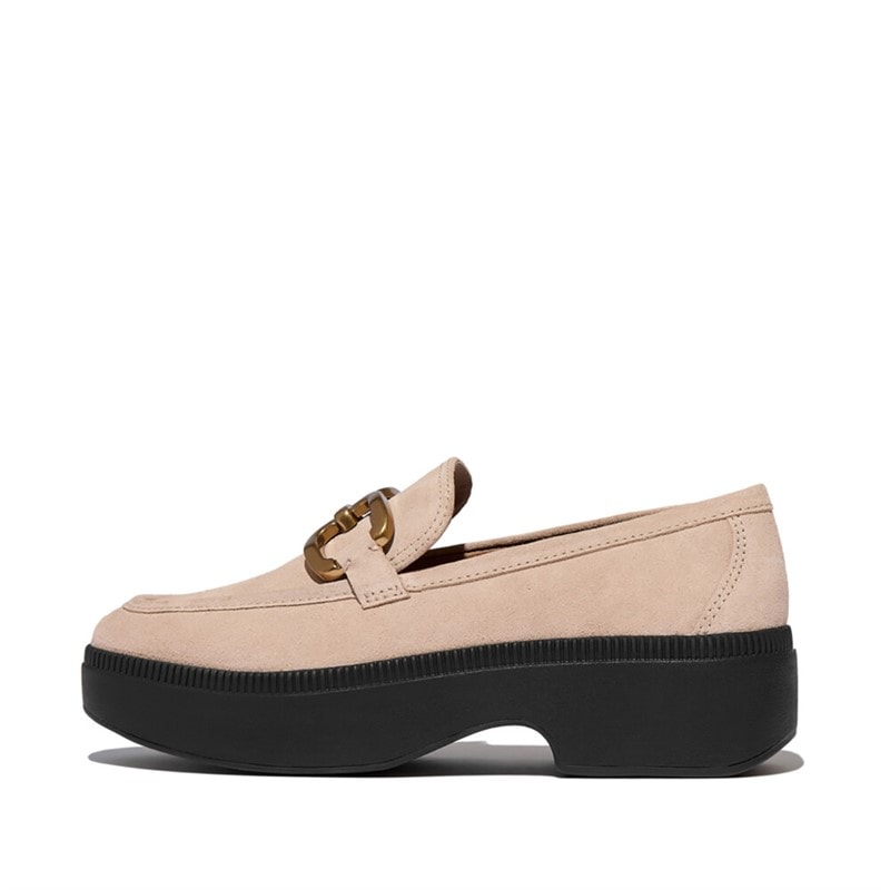 FitFlop Womens Square Chain Suede Demi Wedge Loafers Classic Beige