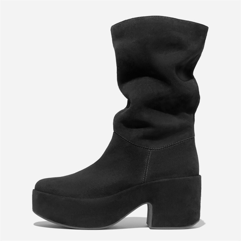 FitFlop Womens Platform Slouch Suede Heeled Boots All Black