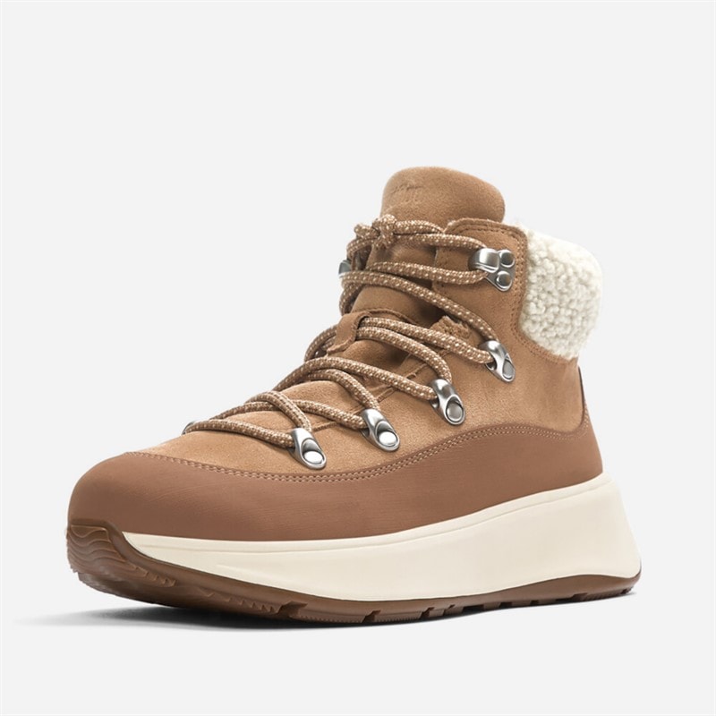 FitFlop Womens F-Mode Teddy Collar Lace Up Booties Desert Tan